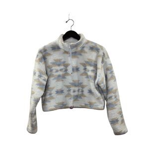 L.A. Hearts Aztec Print Sherpa Fleece Cropped Quarter Zip Pullover White Small
